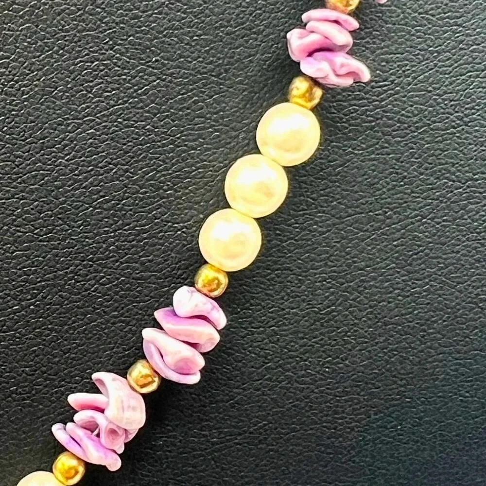 Handcrafted Faux Pearl & Shell Necklace With Lavender Accents. A23 - Picture 6 of 9